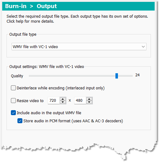 Output settings: WMV file with VC-1 video